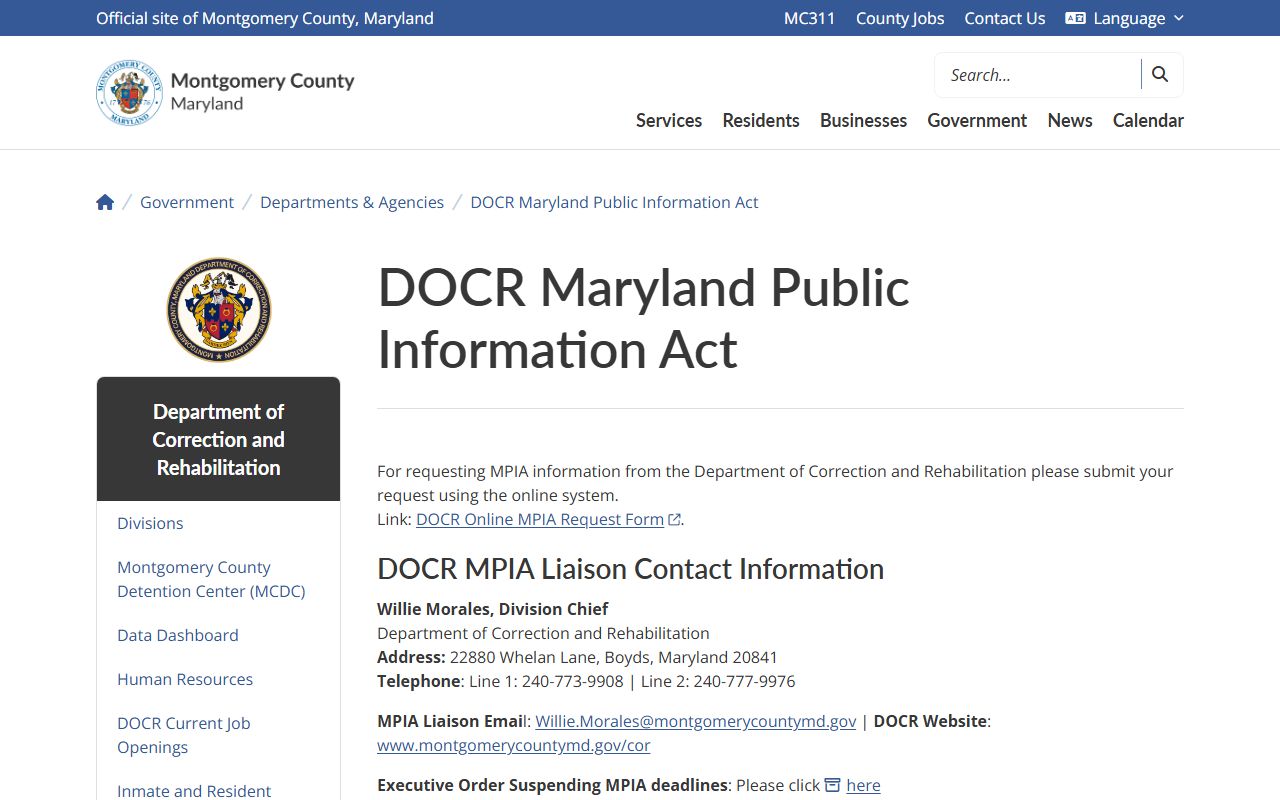 Montgomery County arrest records DOCR MPIA request channel