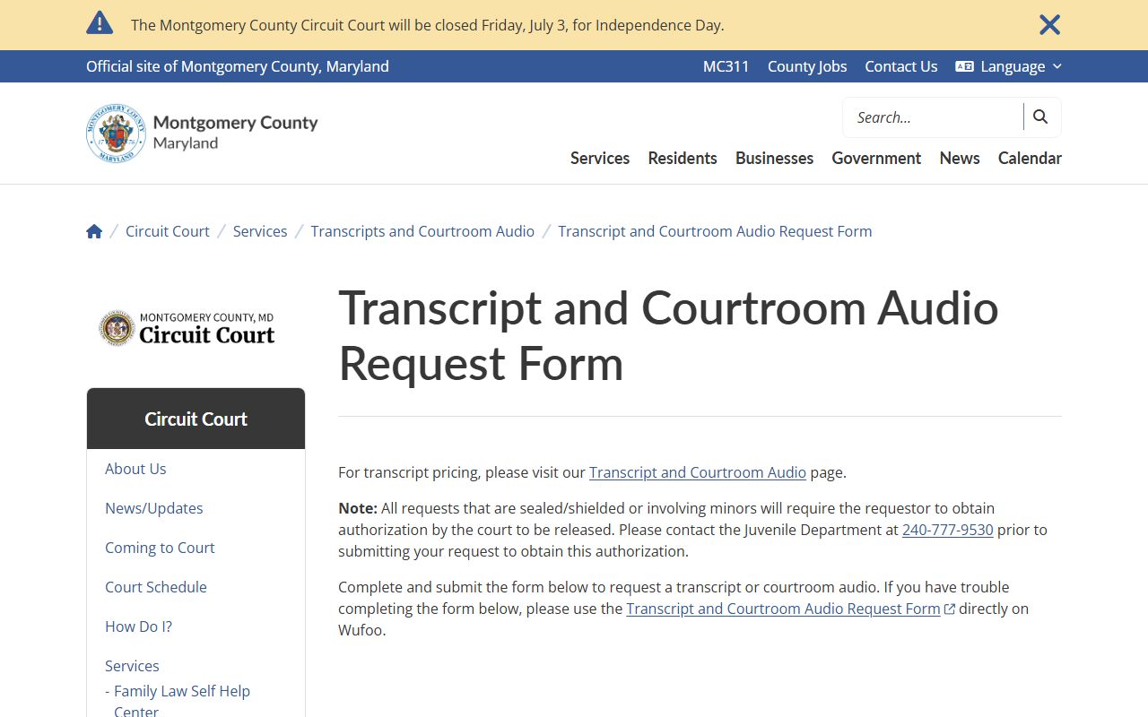 Montgomery County court dockets transcript audio request form case fields
