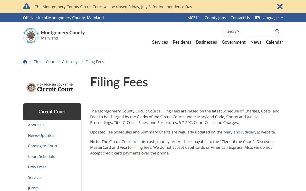 Montgomery County court records Circuit Court filing fees page