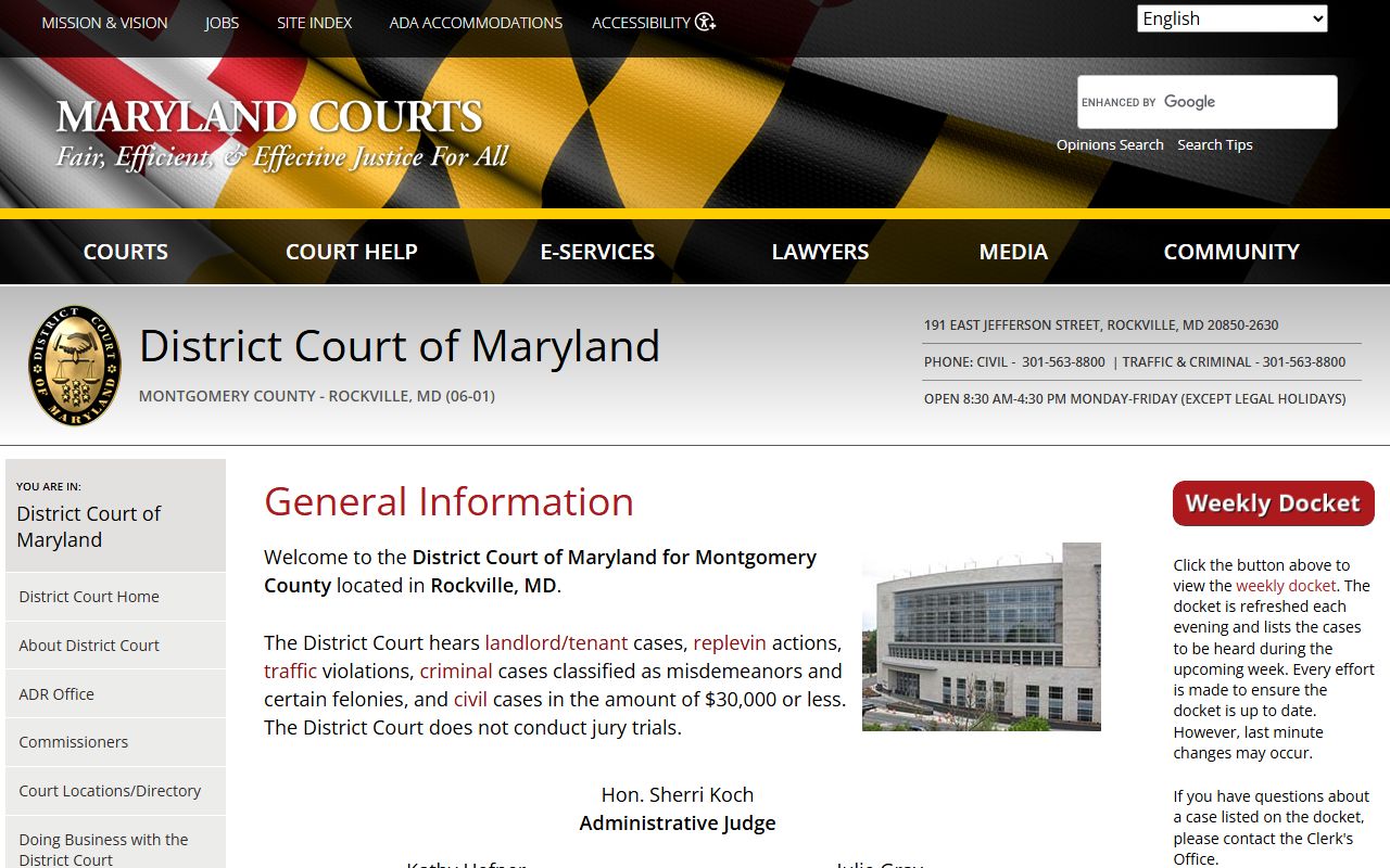 Montgomery County court records Rockville District Court directory page