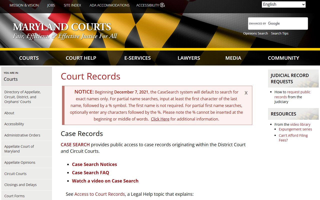 Montgomery County court records Maryland Judiciary Case Search page