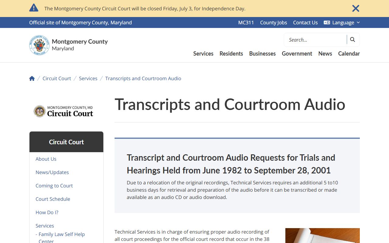 Montgomery County court records transcript and courtroom audio page