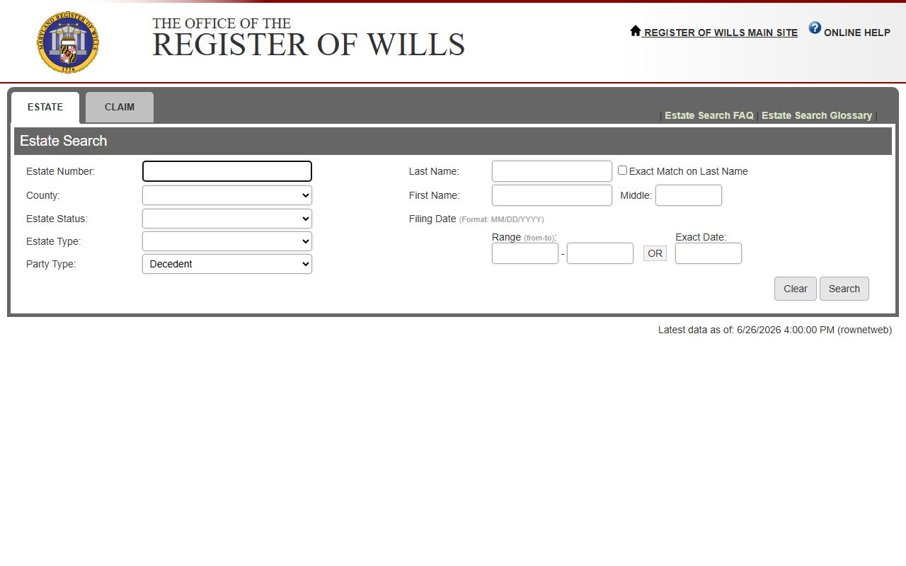 Montgomery County probate records Estate Search fields